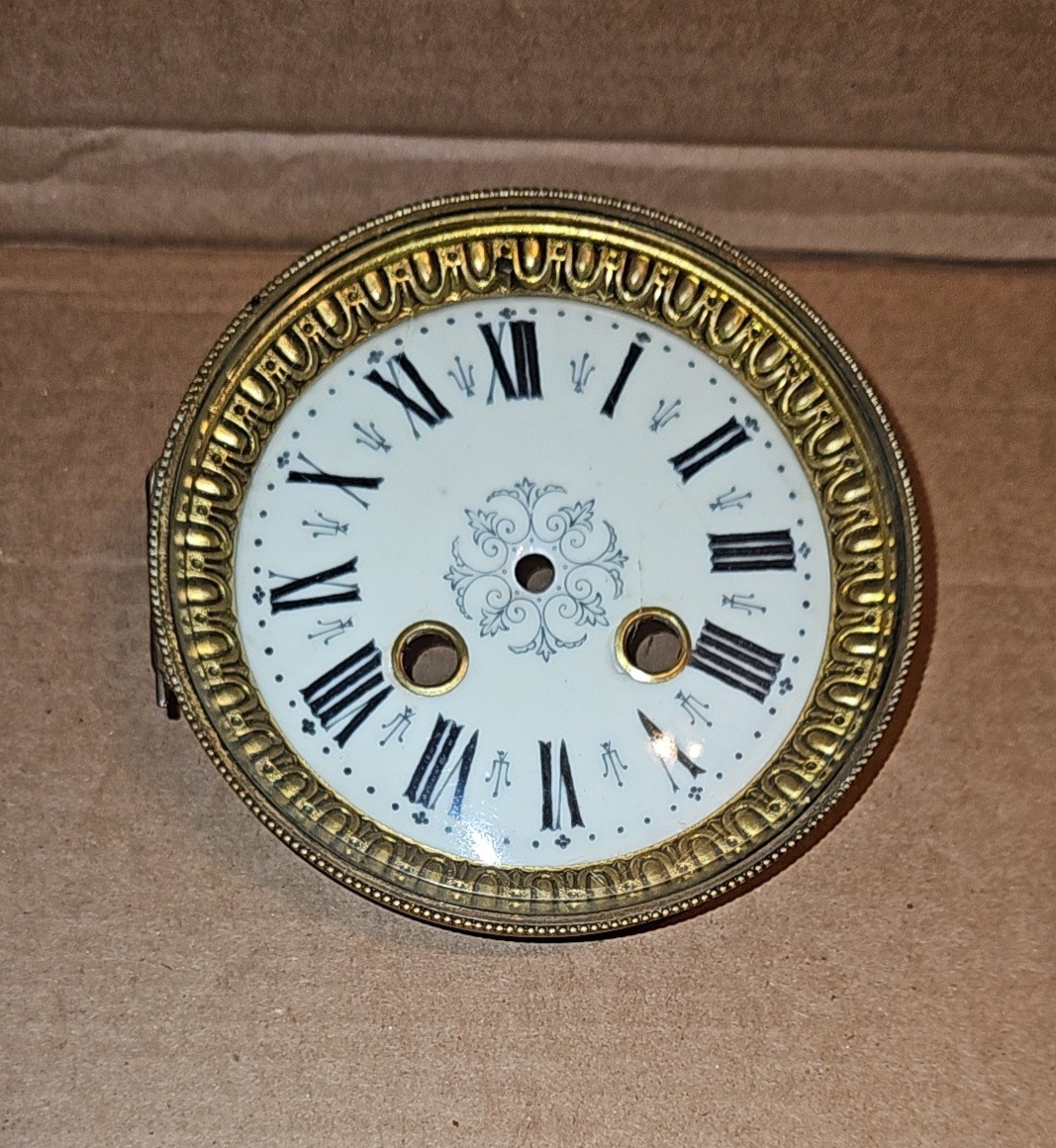 Antique French Clock Dial Face, Porcelain Enamel Brass Bezel Roman Numeral.