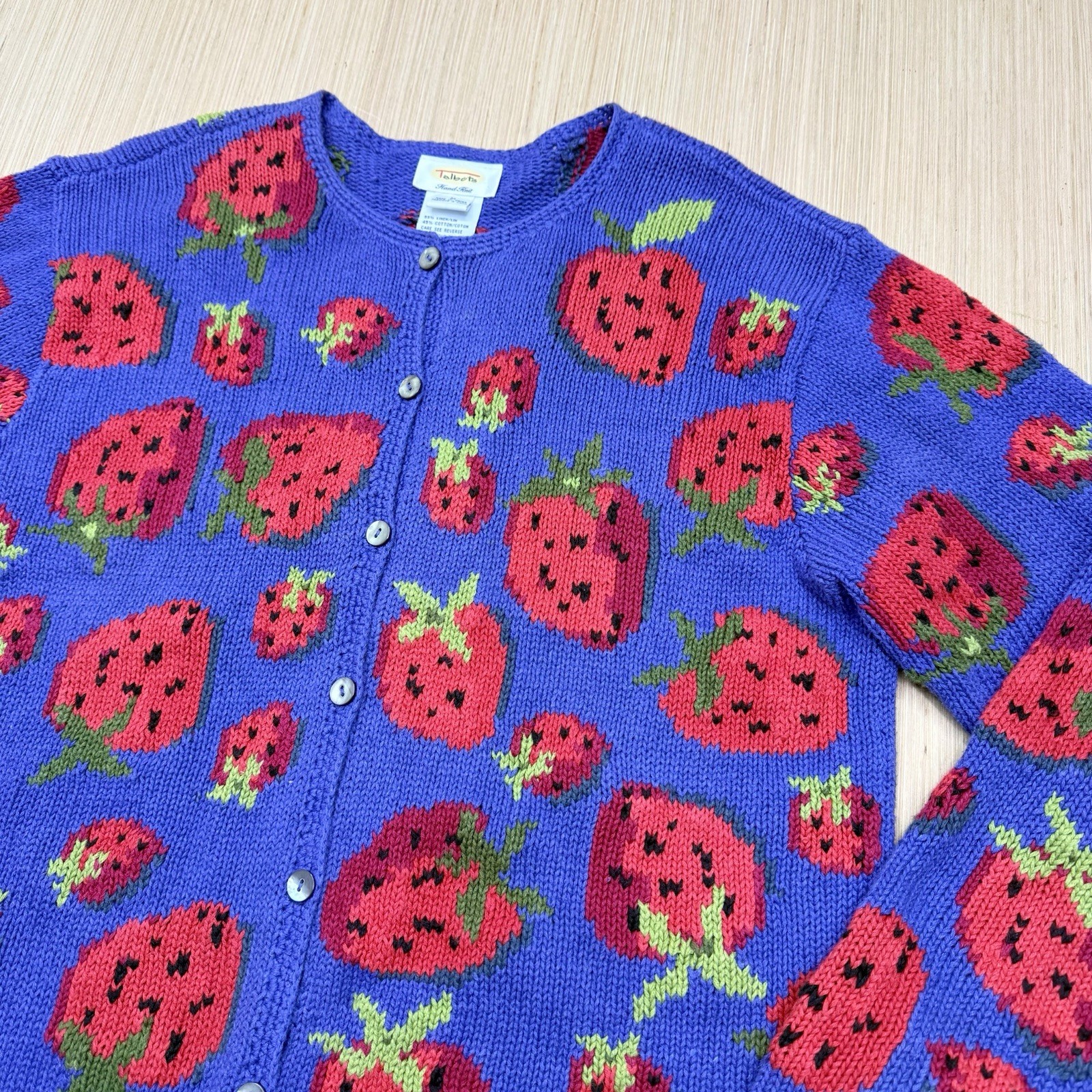 Vintage Talbots Hand Knit Strawberries Cardigan Sweater Linen Cotton Cottagecore Vintage Talbots Hand Knit Strawberries Cardigan Sweater Linen Cotton Cottagecore