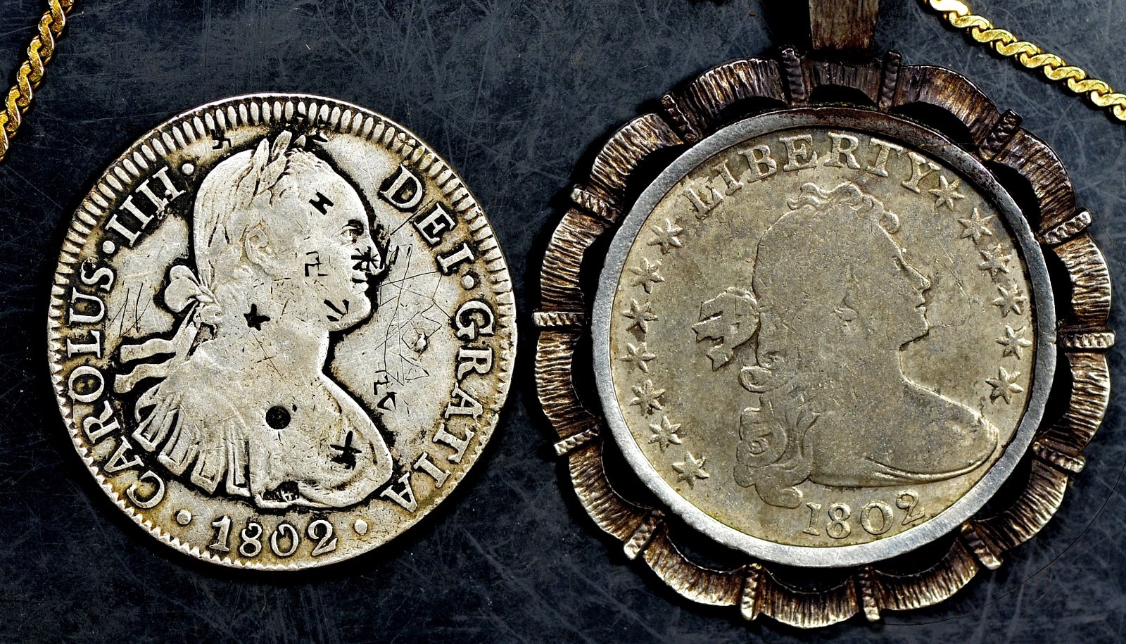 1802 Mo FT SPANISH COLONIAL SILVER 8 REALES(U.S. DOLLAR IS FOR COMPARISON ONLY)