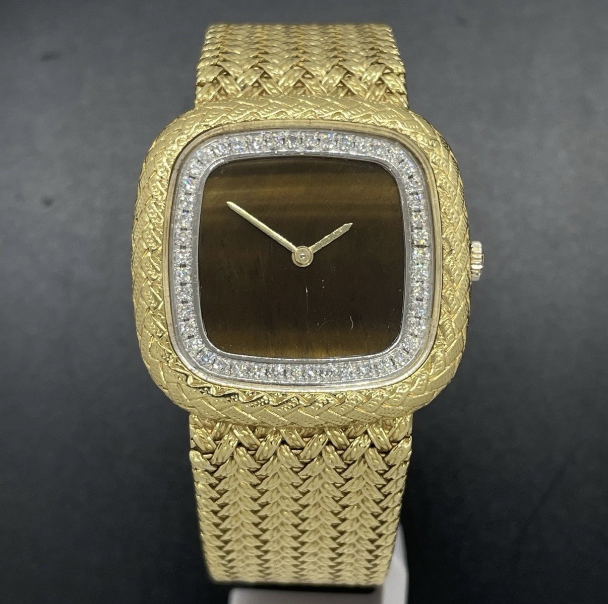 Jaeger LeCoultre 18K Gold Tiger Eye Pave Diamond Dial Manual Wind Watch 1970\'s