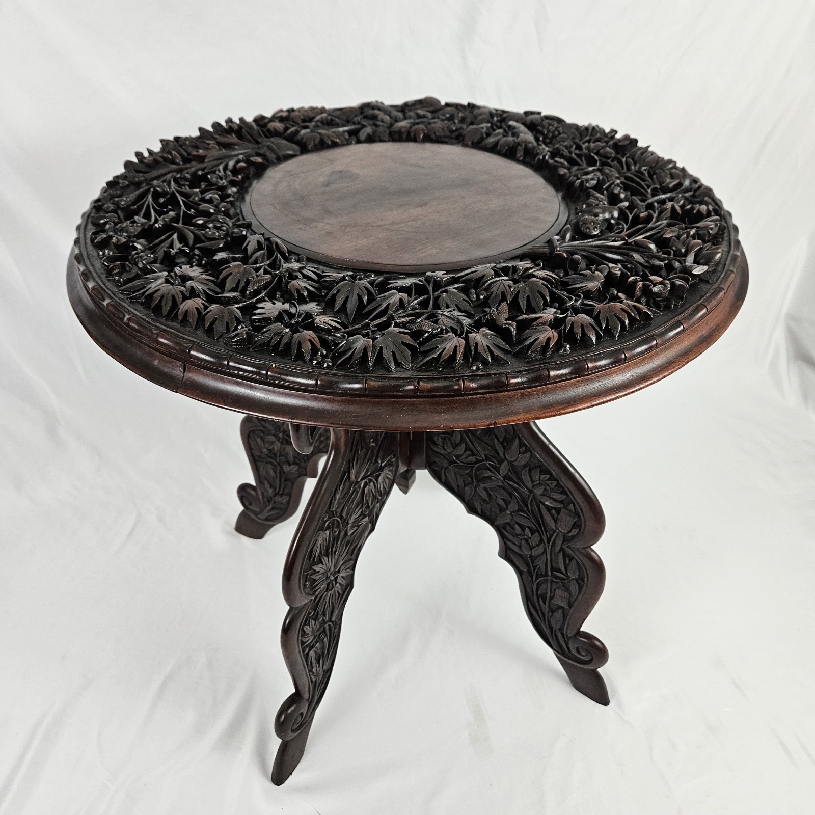 Antique Tea Table Anglo Indian Campaign 1800\'s Folding Carved Wood Art Nouveau 