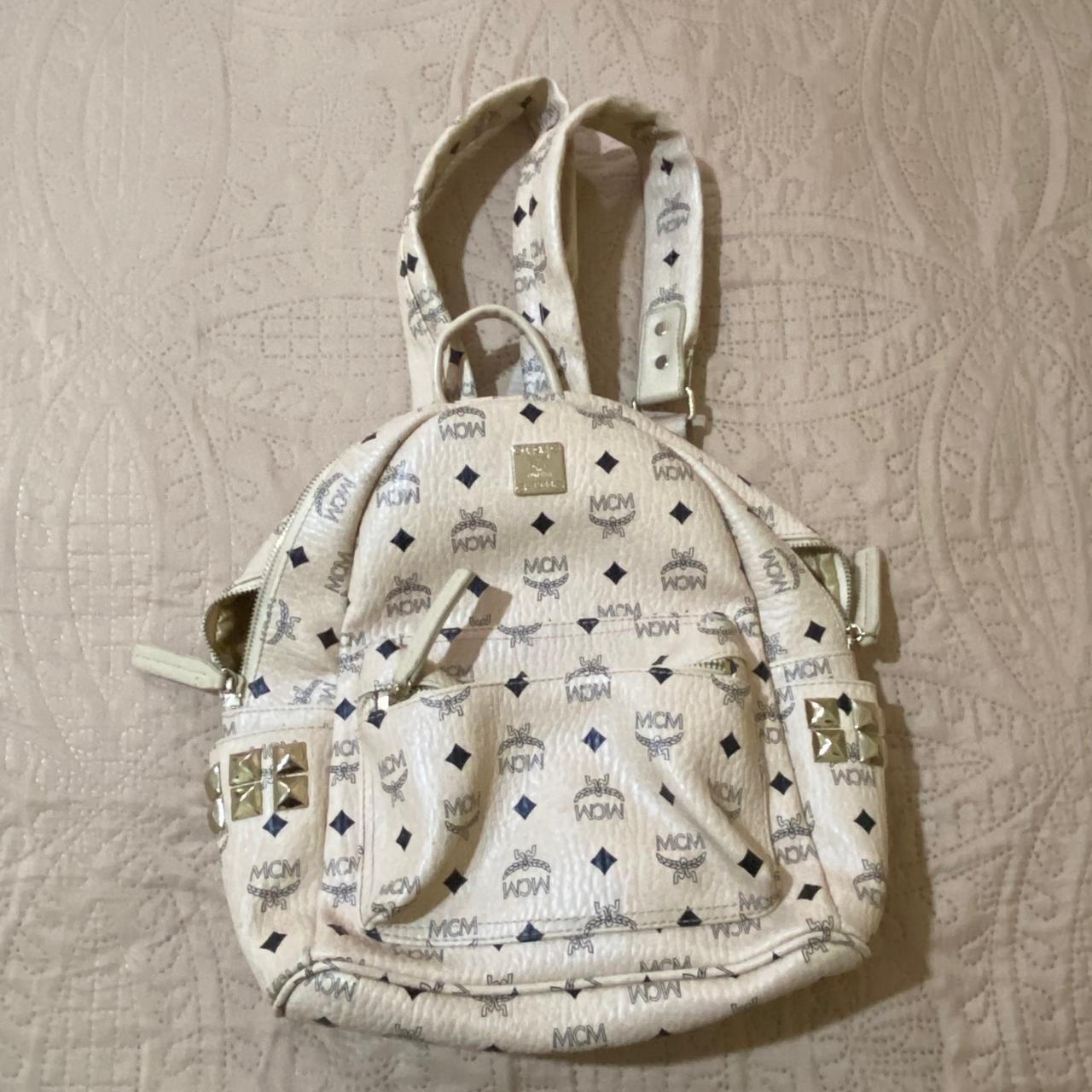 MCM Visetos Studded Backpack White Pink Monogram Gold Tone Leather Trim