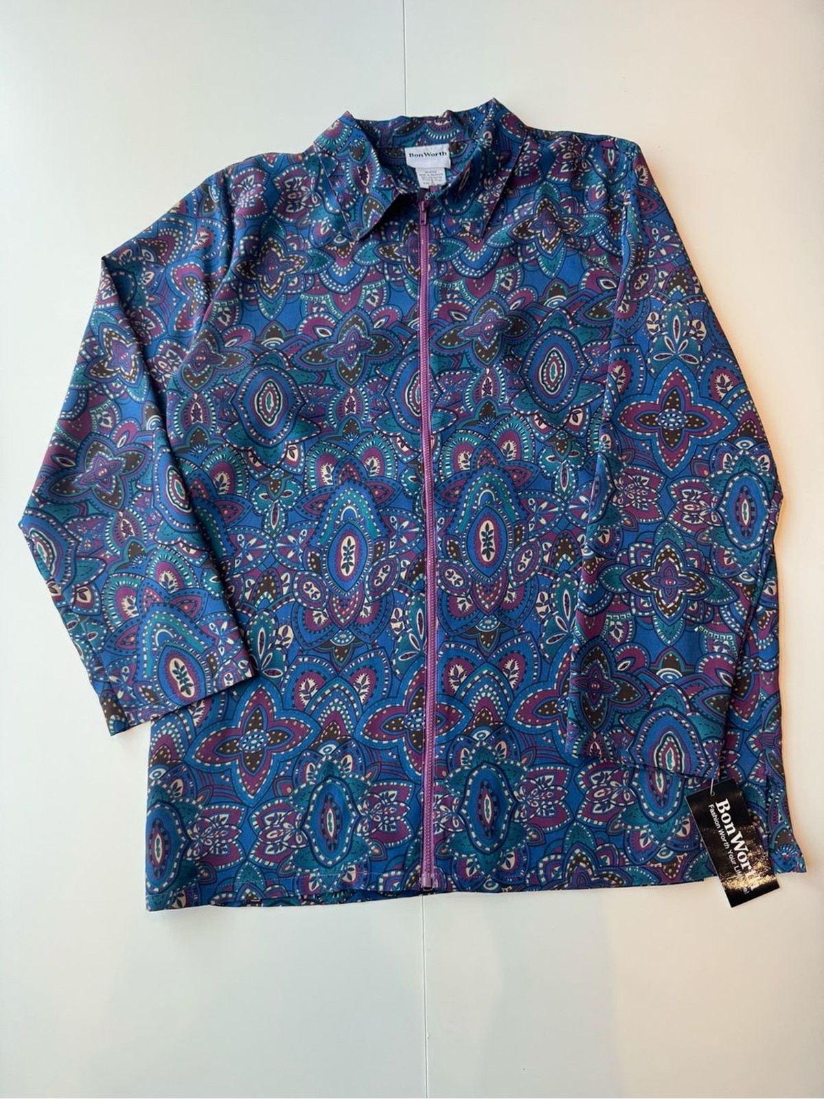 BonWorth Vintage 90’s Women\'s S Blue/Purple Paisley Collared Zip Jacket