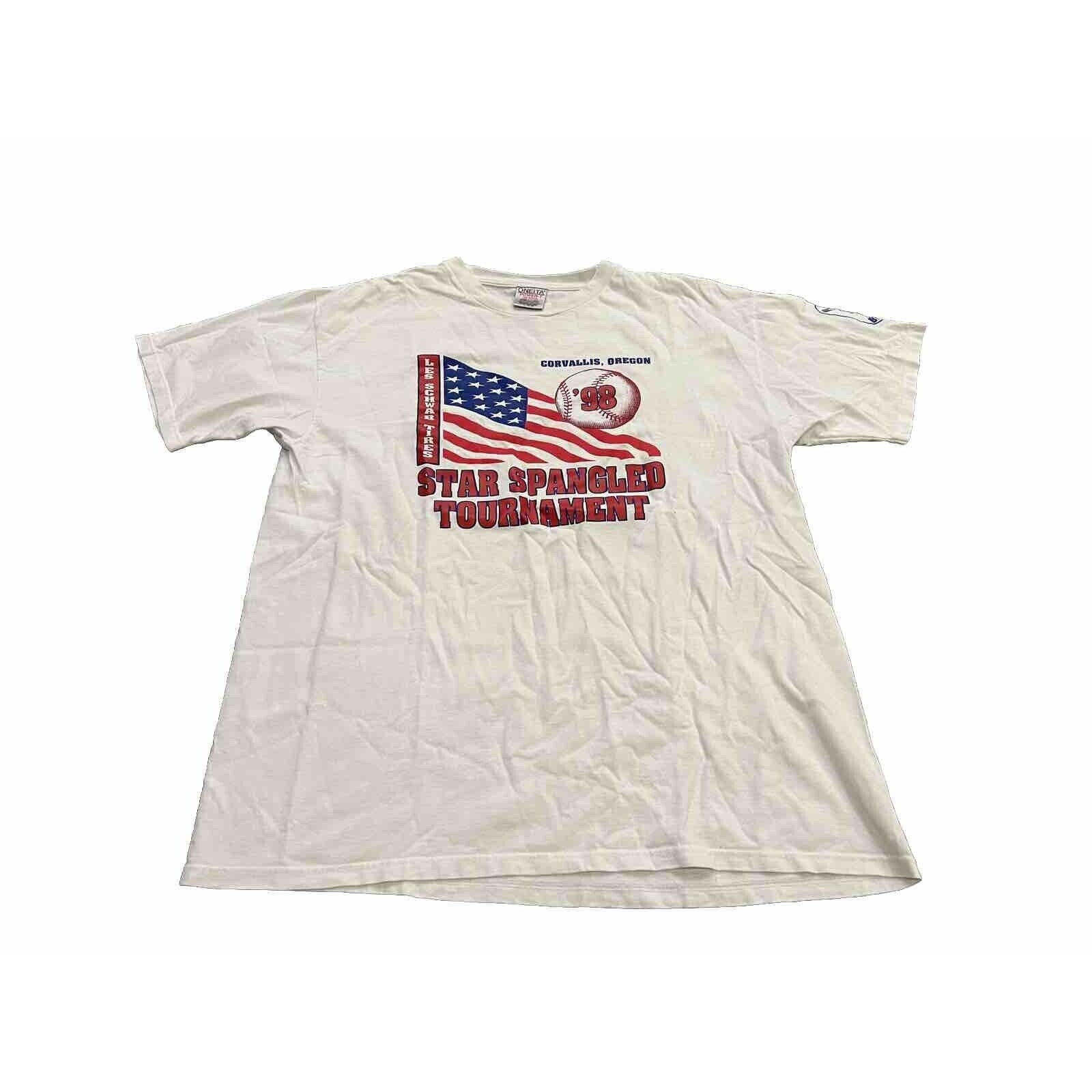 Vtg 90s Oneita Star Spangled Tournament Corvalis Oregon Baseball Tshirt Size XL Vtg 90s Oneita Star Spangled Tournament Corvalis Oregon Baseball Tshirt Size XL
