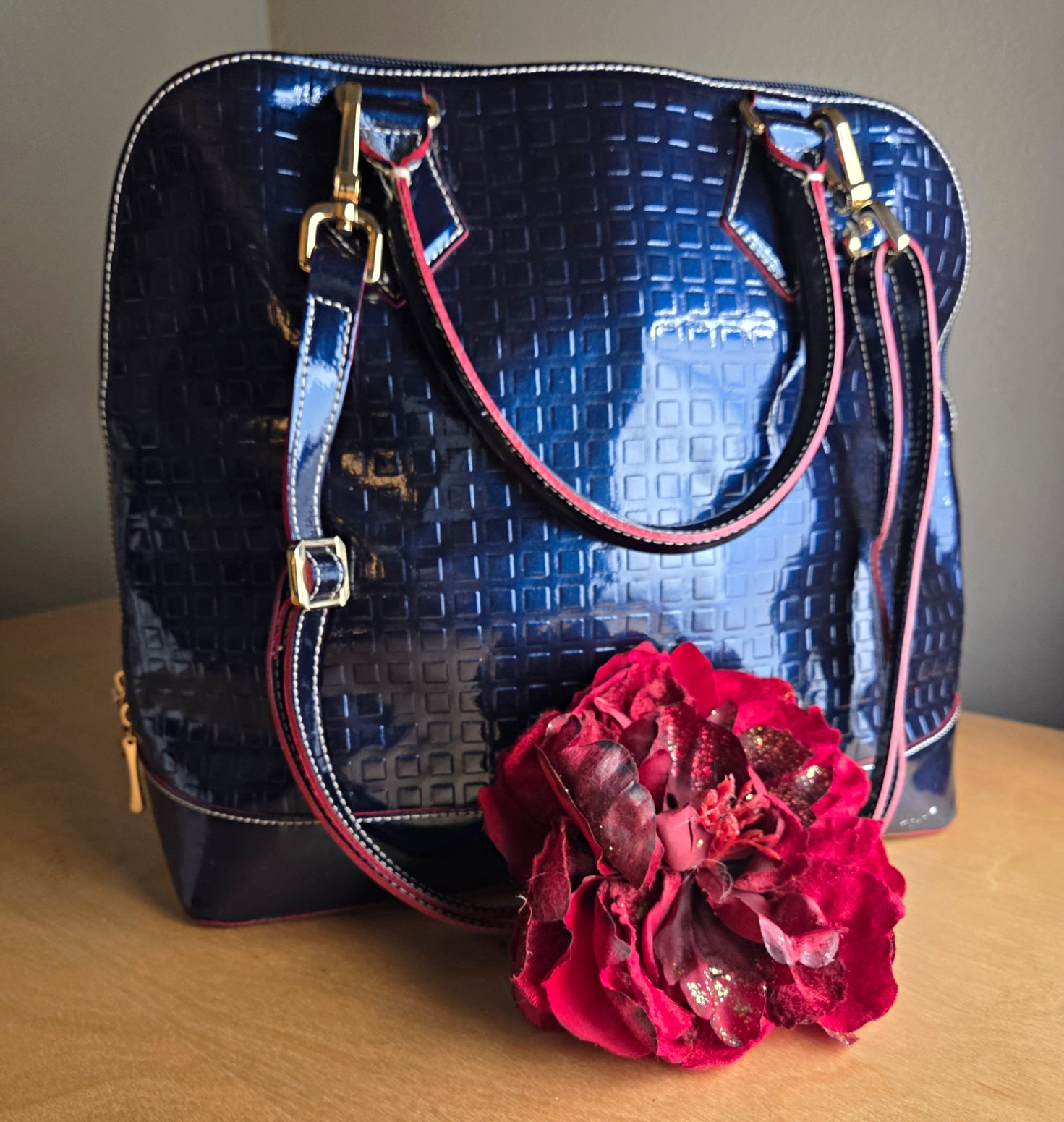 Arcadia Navy Patent Leather Embossed Satchel Top Handle Bag