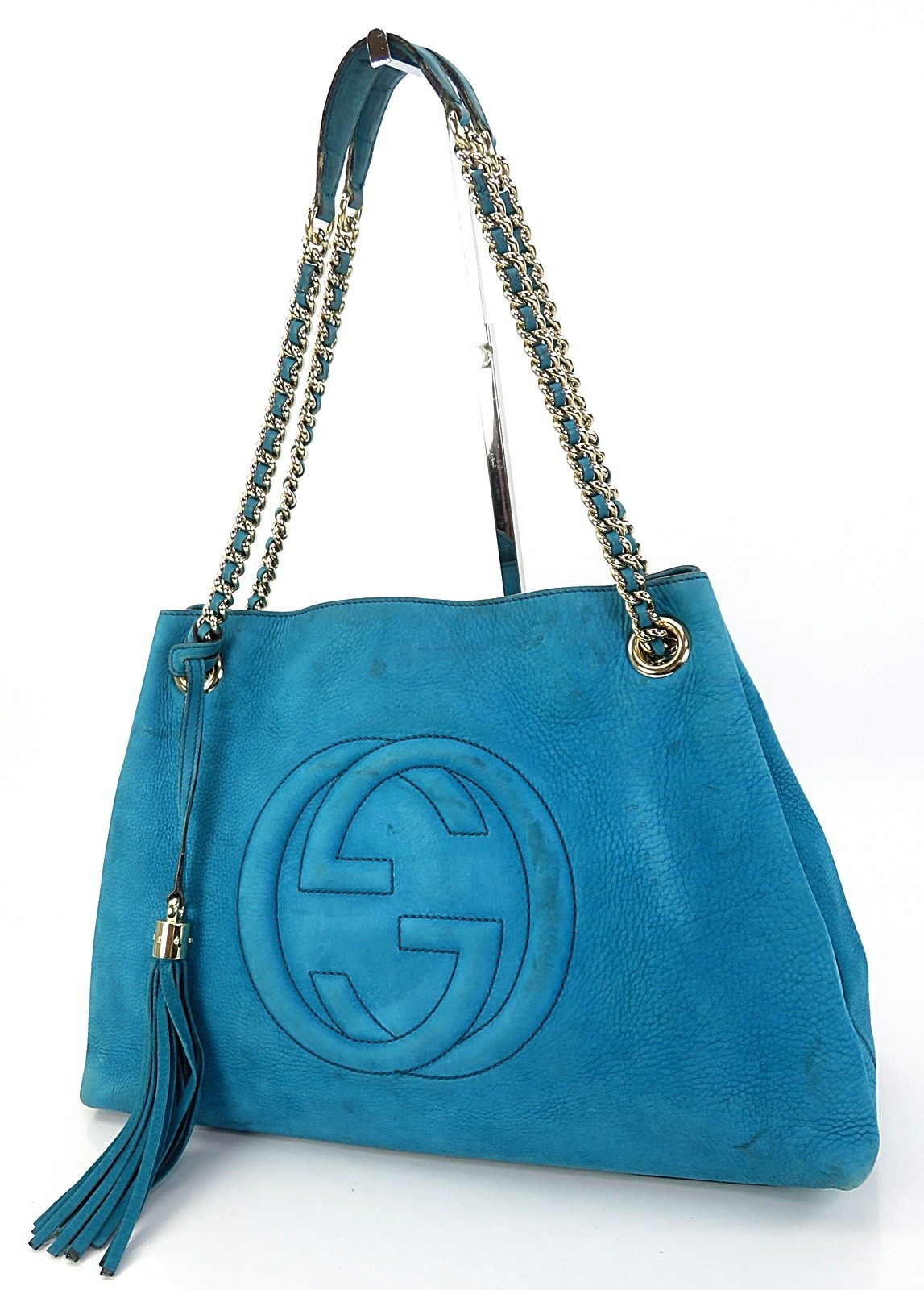 Authentic GUCCI Soho Turquoise Leather Chain Shoulder Tote Bag Purse #65221