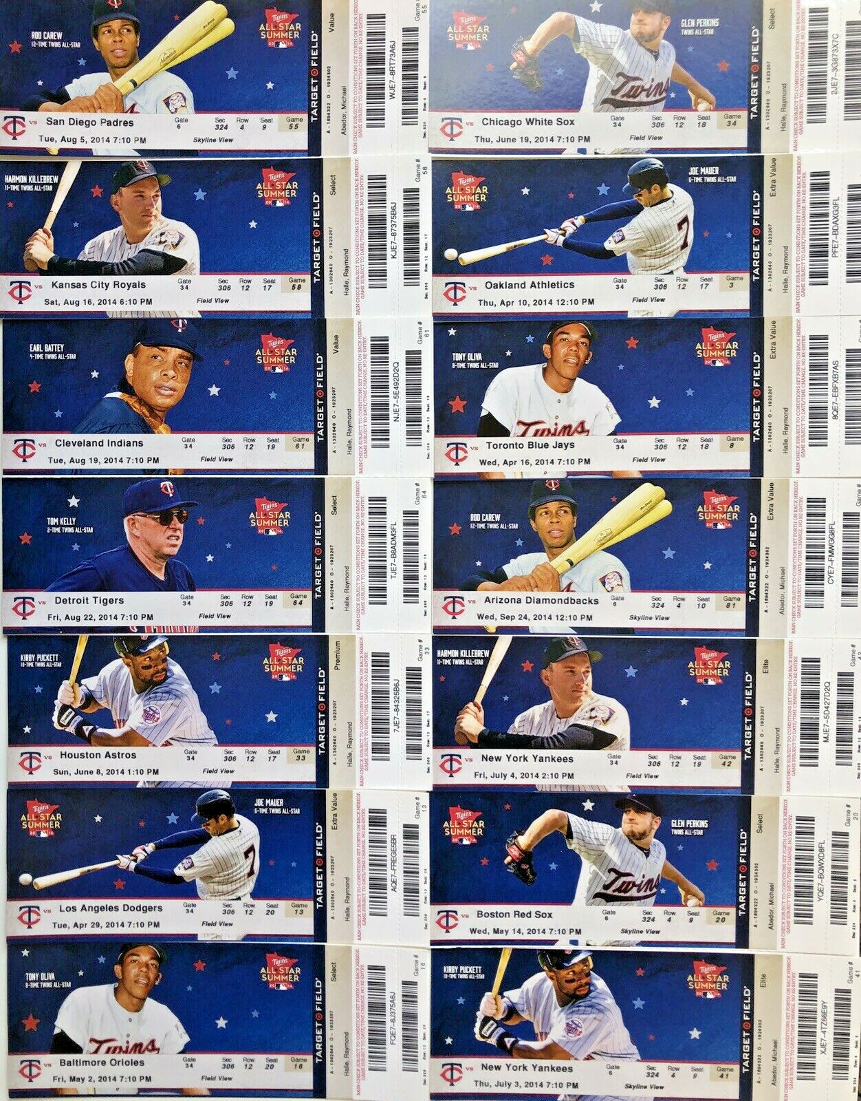 2010-2011-2012-2013-2014 Minnesota Twins Season Ticket Stubs - Mint Condition
