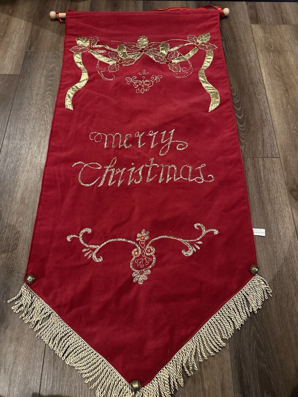 Red Velvet Merry Christmas Banner Gold Thread And Bells