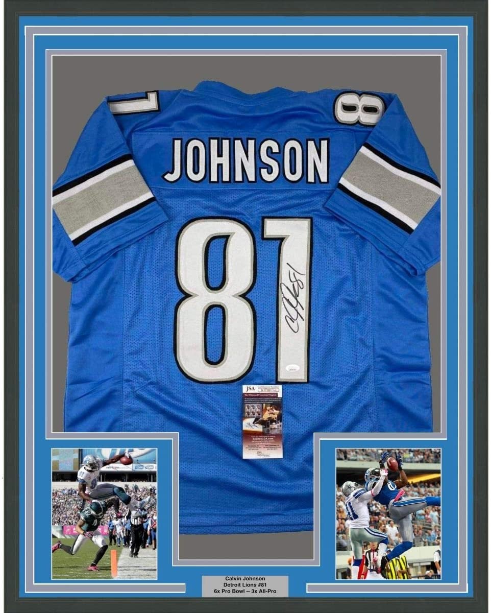 Framed Autographed/Signed Calvin Johnson 35x39 Detroit Blue Jersey JSA COA Framed Autographed/Signed Calvin Johnson 35x39 Detroit Blue Jersey JSA COA
