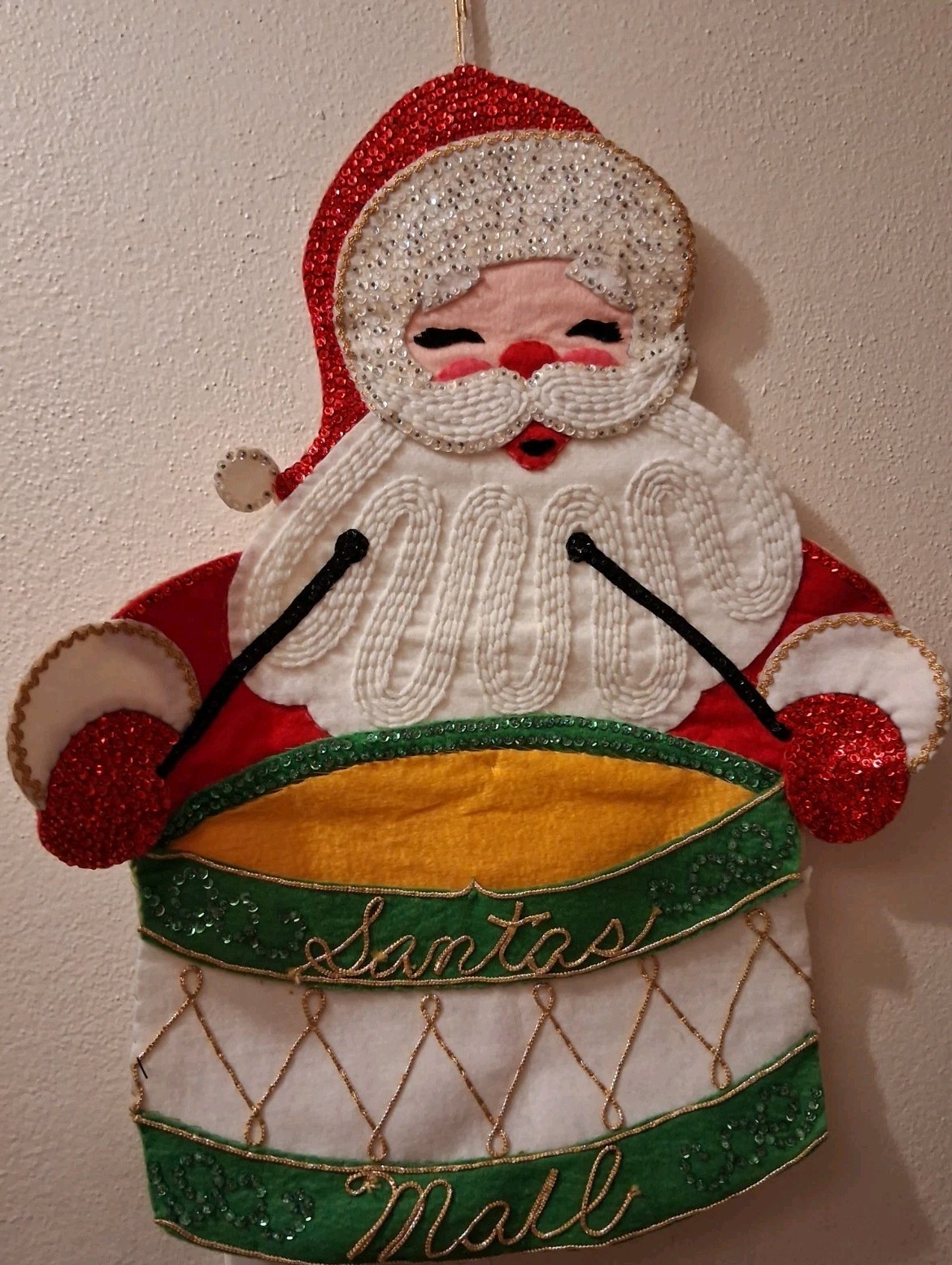 Vintage 70\'s Sequin Christmas Santas Mail Wall HangingCompleted Vintage 70\'s Sequin Christmas Santas Mail Wall HangingCompleted