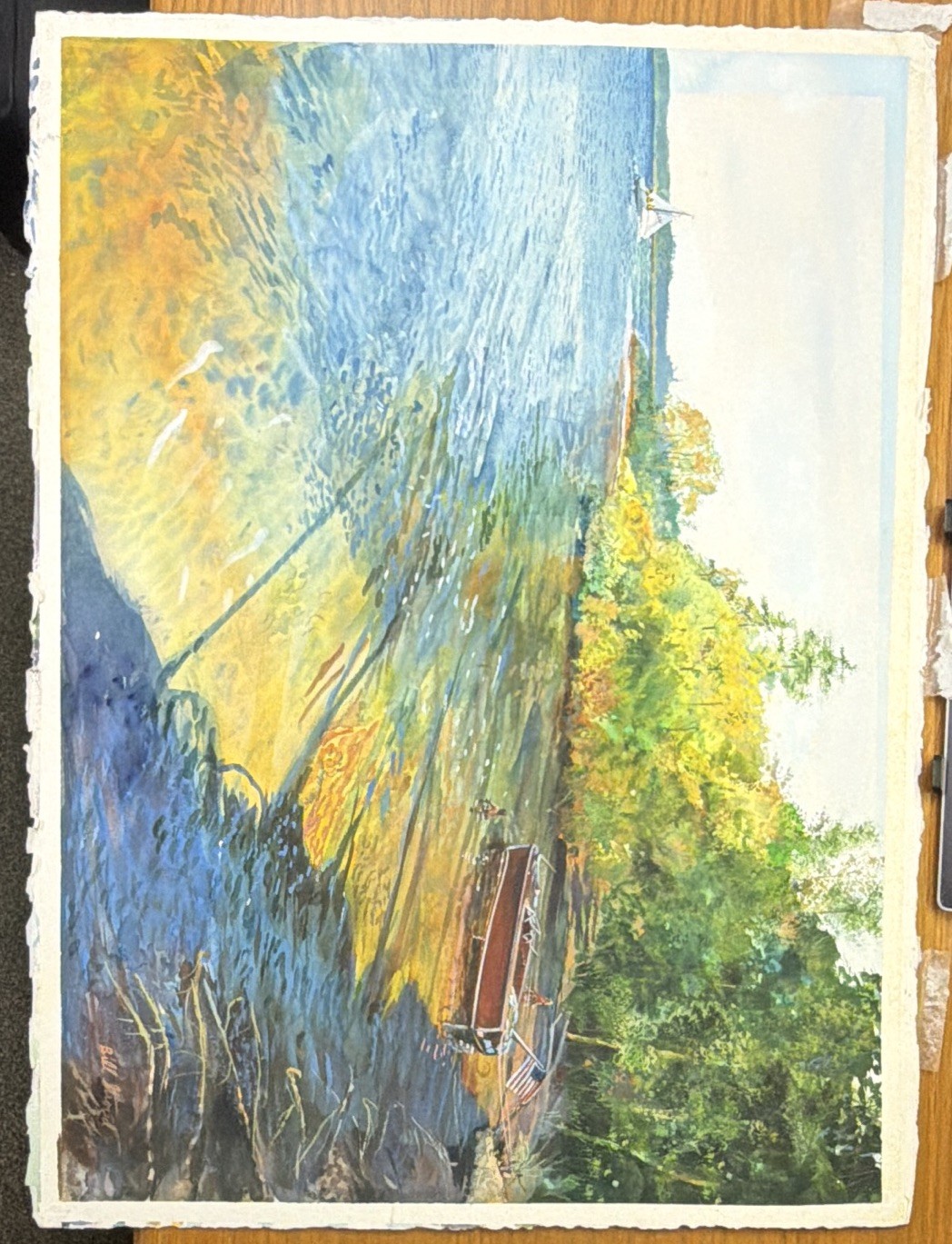 Original Bill Stroud Watercolor Painting Coastal Boat Landscape 30x23 Signed