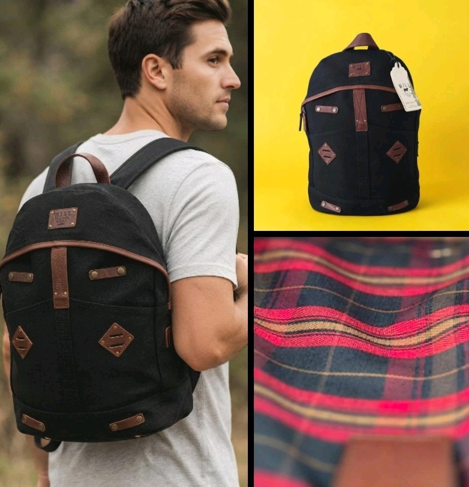 Will Leather Goods Eugene, OR Black Canvas/Brown Leather Laptop Backpack-NWT