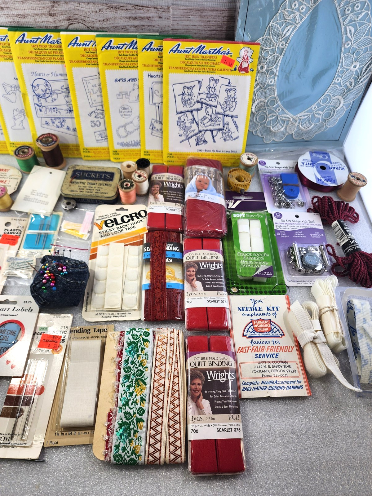 Vintage Sewing Notions Estate Craft Lot Wood Thread Spools, Tape, Pins, Cushion