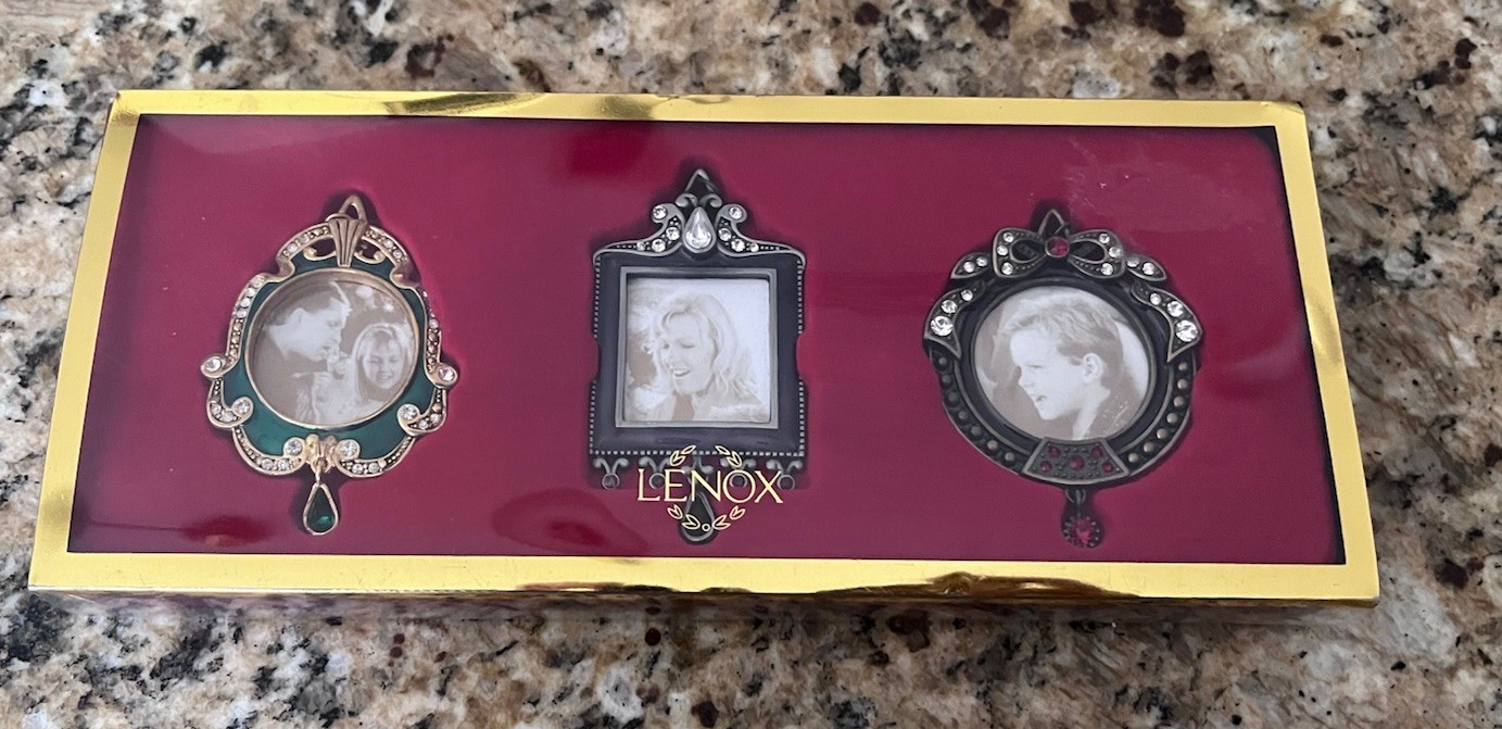 Lenox Vintage Jewel Set Of 3 Frame Hanging Mini Enamel Crystal Ornaments NEW NIB