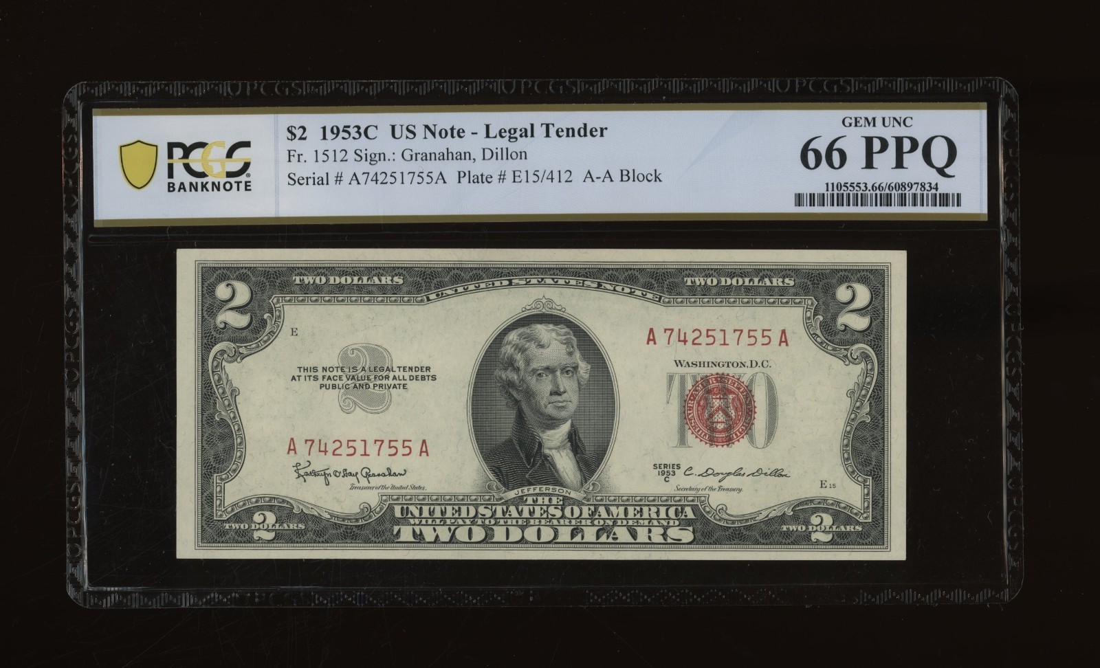 DBR 1953-C $2 Legal Gem Fr. 1512 PCGS-B 66 PPQ Serial A74251755A