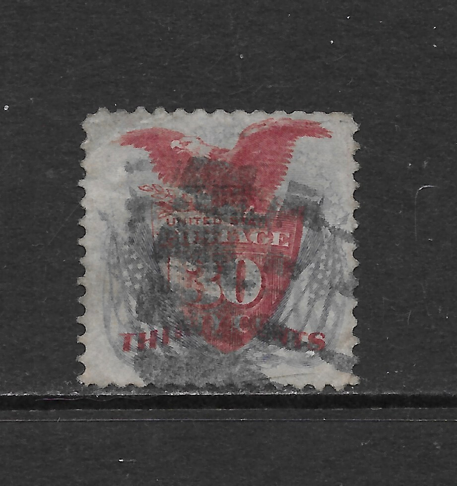 U.S. SCOTT 121 USED F/VF - 1869 30c ULTRA & CARMINE ISSUE - SHIELD, EAGLE, FLAGS
