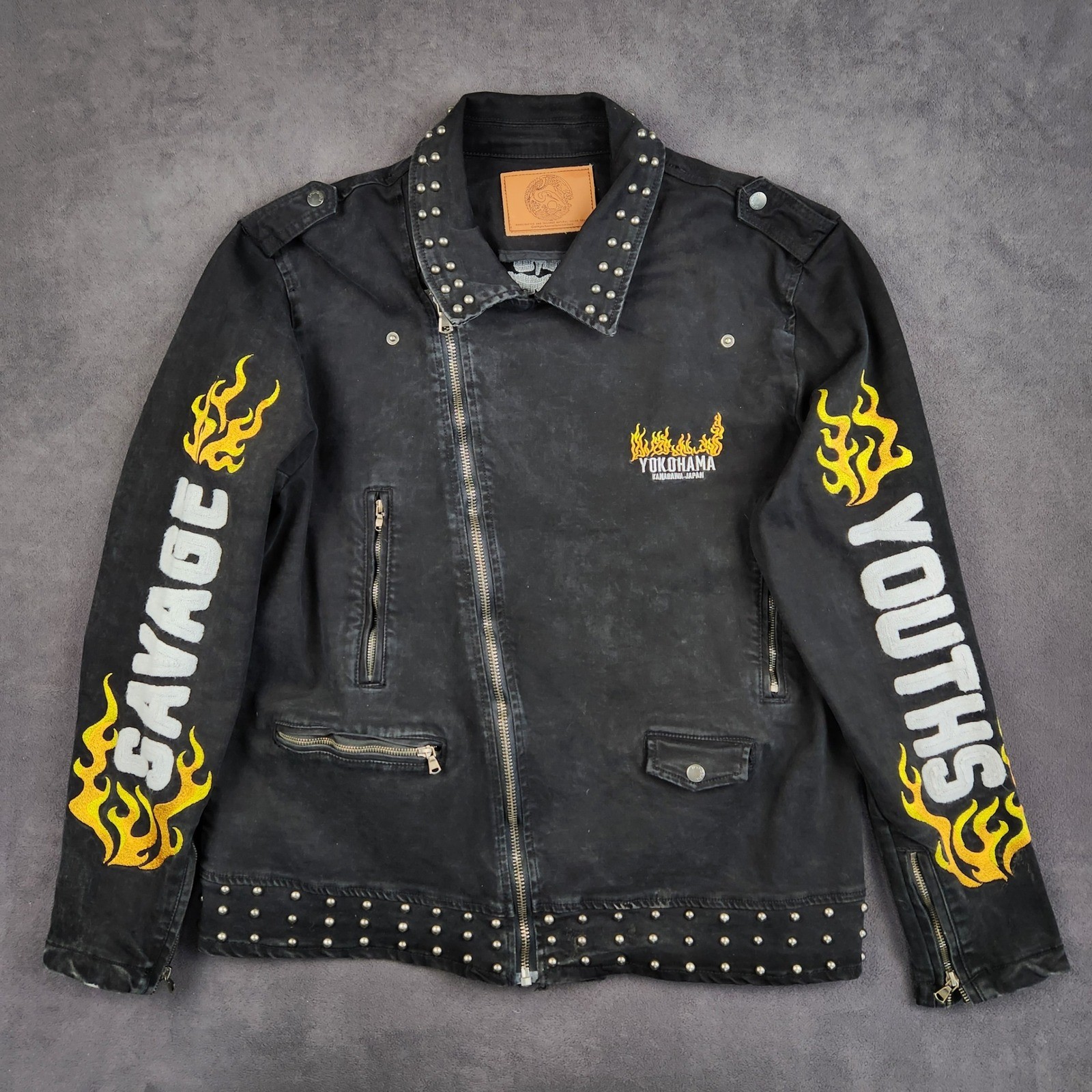 Iro-Ochi Denim Jacket Mens 2XL Black Savage Youth Studded Skeleton Flame Biker