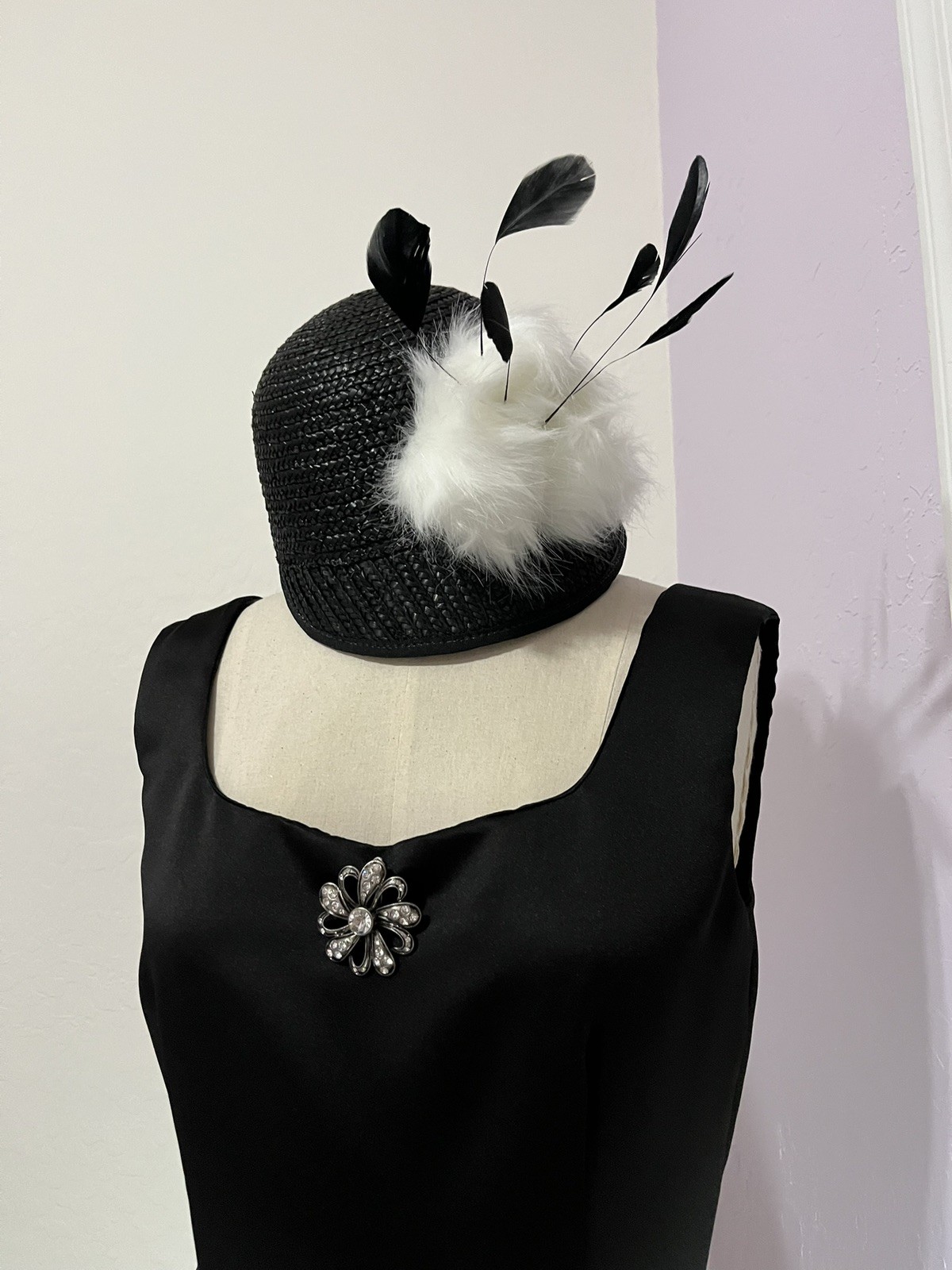 Black Satin Dress 1960s Audrey Hepburn Inspired LBD with optional hat