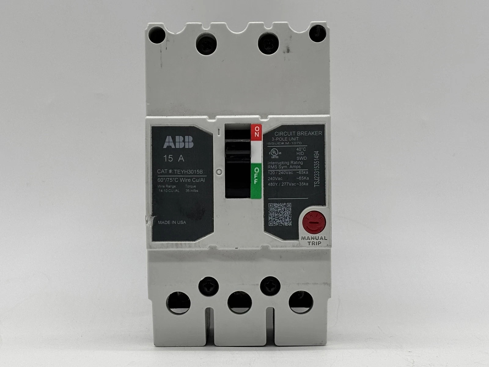ABB TEYH3015B 3 Pole 15 Amp 480V Circuit Breaker Gray New