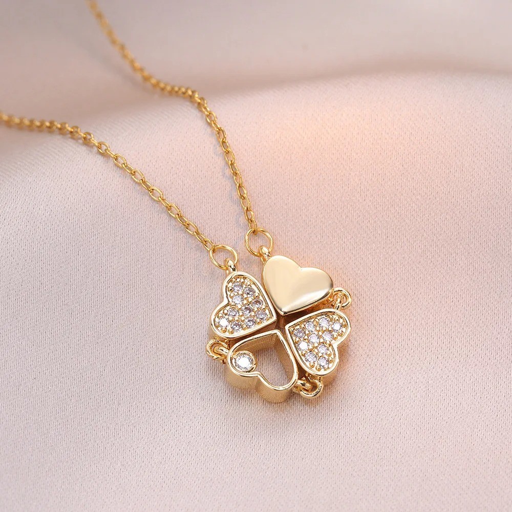 Four Leaf Clover Magnetic Folding Heart Pendant Necklace Four Leaf Clover Magnetic Folding Heart Pendant Necklace