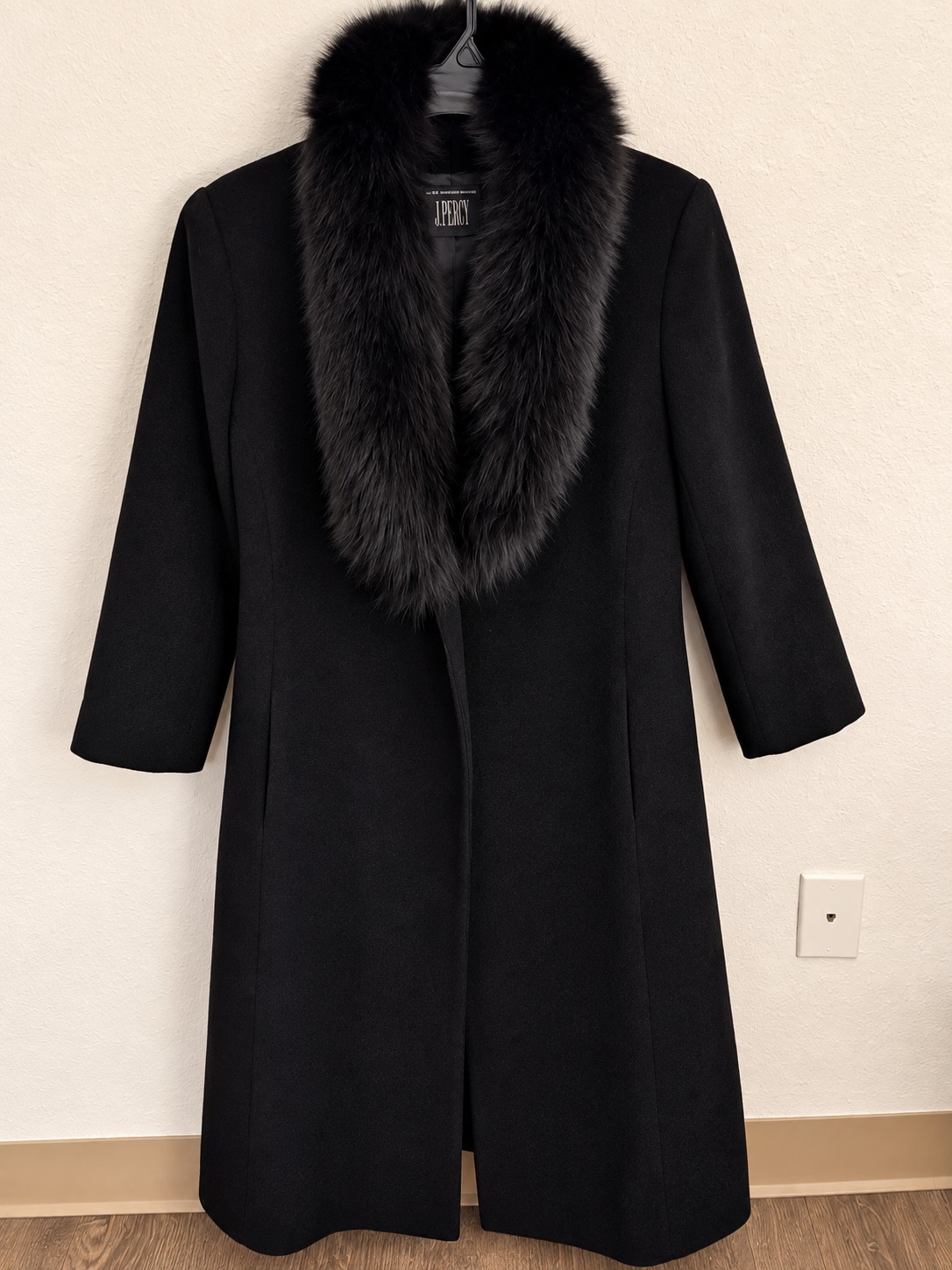 Vintage J. Percy 100% Wool Coat Dyed Fox Fur Collar Black Long Maxi Trench 10