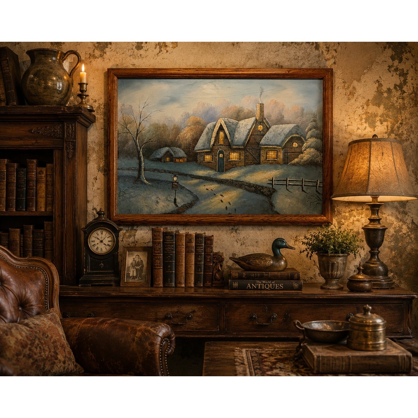 Winter Village Snowy Cottage Oil Painting on Canvas Framed Large 39.5x27.5 Winter Village Snowy Cottage Oil Painting on Canvas Framed Large 39.5x27.5