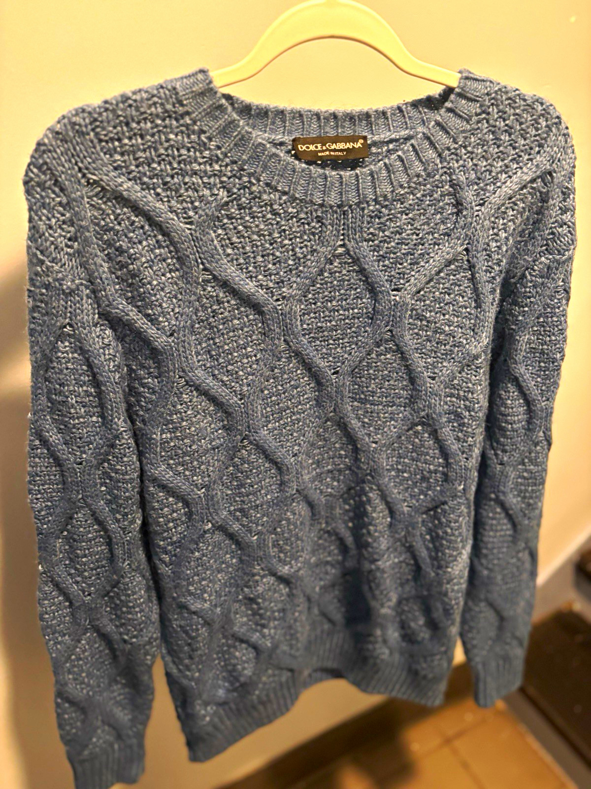Dolce & Gabbana Men’s L Blue Cable-Knit Crewneck Pullover Wool Blend
