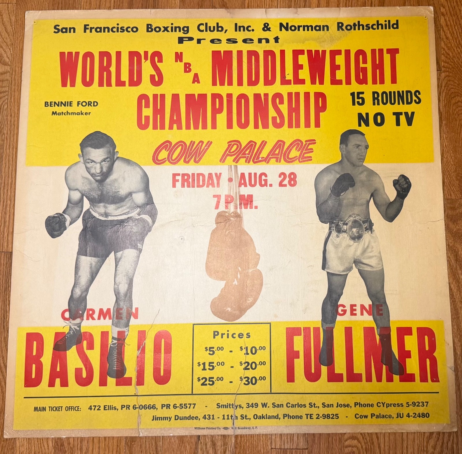 CARMEN BASILIO VS GENE FULLMER VINTAGE ON SITE BOXING MEMORABILIA POSTER CARMEN BASILIO VS GENE FULLMER VINTAGE ON SITE BOXING MEMORABILIA POSTER