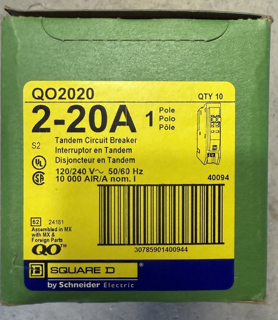 10 PCS Square D QO2020/QO2020C No Hook 2-20A Single Pole Tandem Breakers 10 PCS Square D QO2020/QO2020C No Hook 2-20A Single Pole Tandem Breakers
