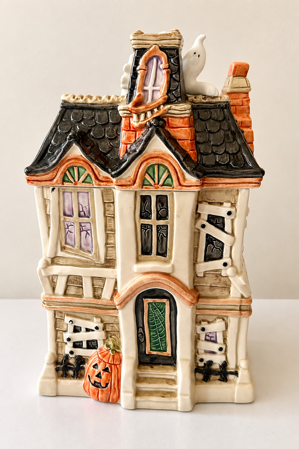 Vintage Fitz & Floyd 1987 Haunted House Halloween Cookie Jar Ghost Pumpkin EUC