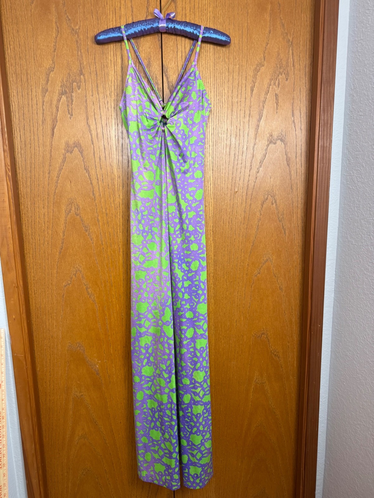 Vintage 1970s Elisabeth Stewart Purple Green Maxi Dress Swim Resort Halloween