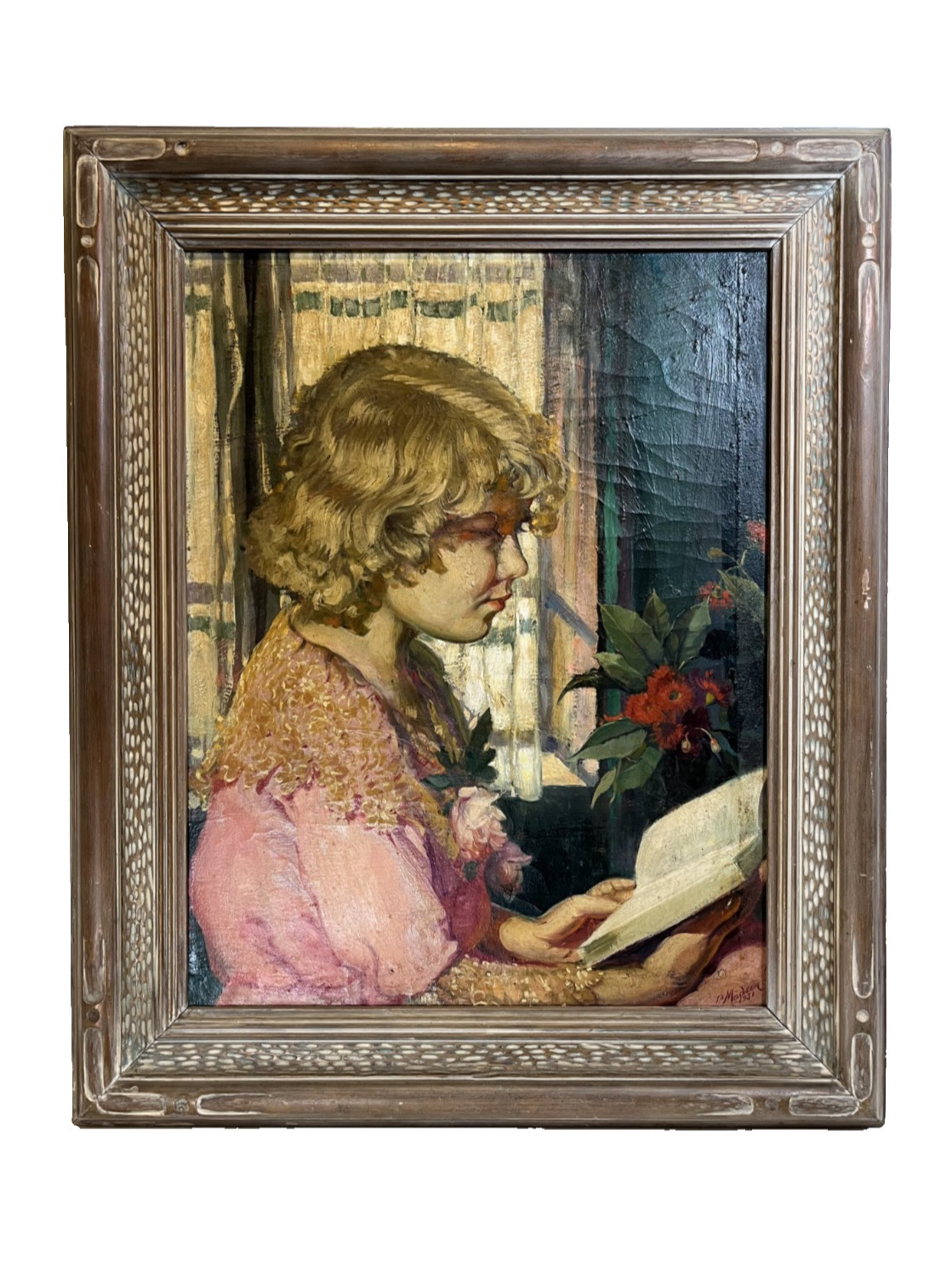ANTIQUE SIGNED MADSEN 1931 YOUNG GIRL READING BOOK VINTAGE PORTRAIT OIL PAINTING