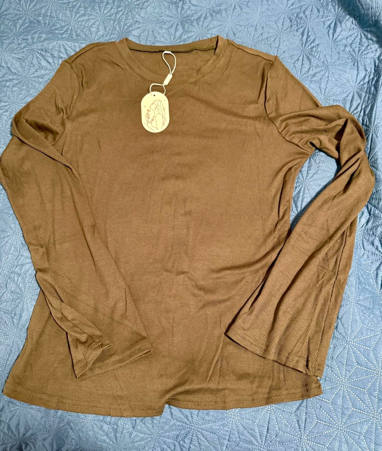 Women\'s Brown Cotton Knit Solid Long Sleeve Crew Neck Pullover T-Shirt M