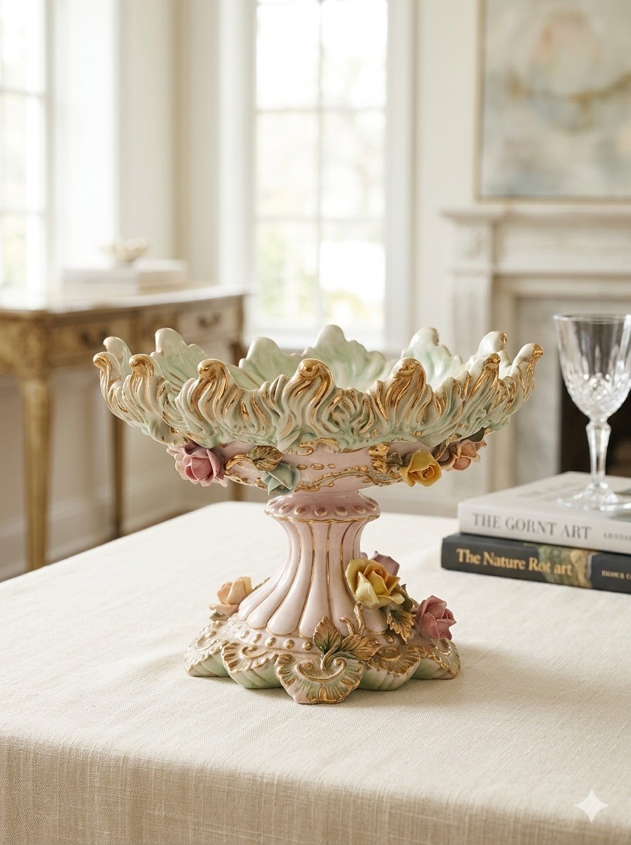 Title: Beautiful Vintage Ornate Porcelain Pedestal Centerpiece Bowl - Fluted Title: Beautiful Vintage Ornate Porcelain Pedestal Centerpiece Bowl - Fluted