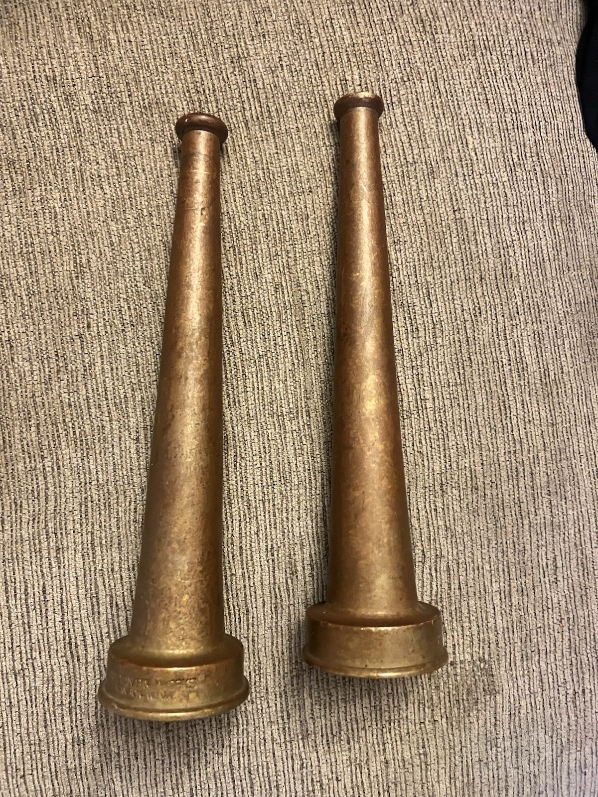 2-Vintage Powhatan B & I Brass Fire Hose Nozzles 12”  1 1/2