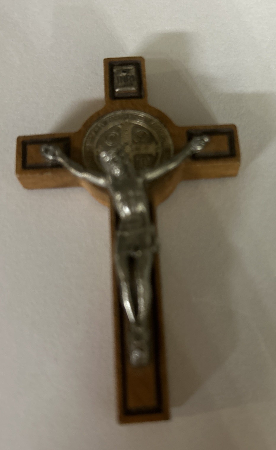 Vintage Holy Cross Of St Benedict Crucifix Pendant Olive Wood Inlay & 