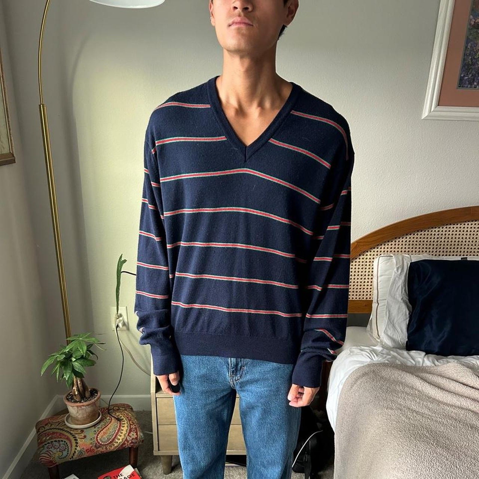 VTG 70s Izod Lacoste Striped V-Neck Sweater Mens Large Wool Blend Navy Preppy