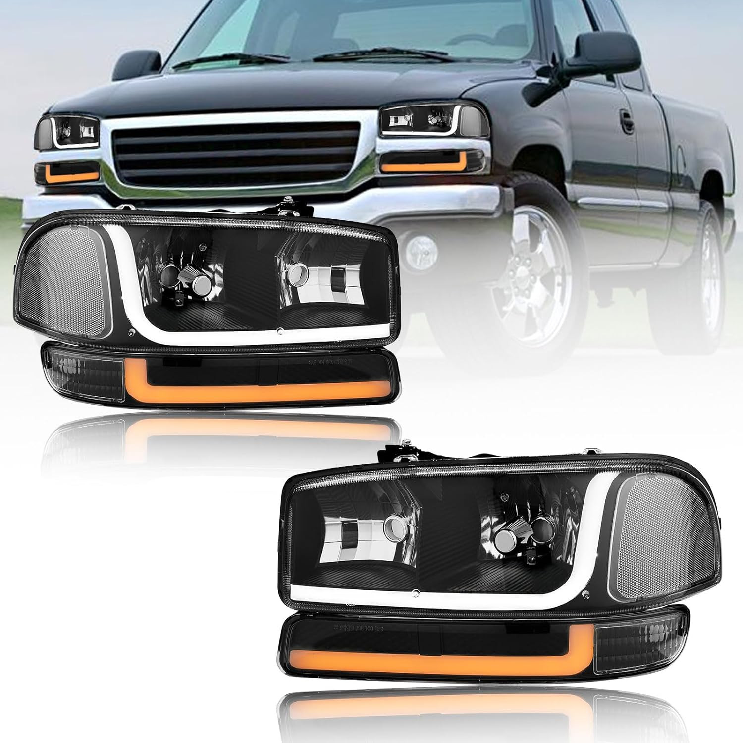 1999-2007 GMC Sierra 1500 2001-2007 2500 HD LED DRL Headlights–Compatible Replac 1999-2007 GMC Sierra 1500 2001-2007 2500 HD LED DRL Headlights–Compatible Replac