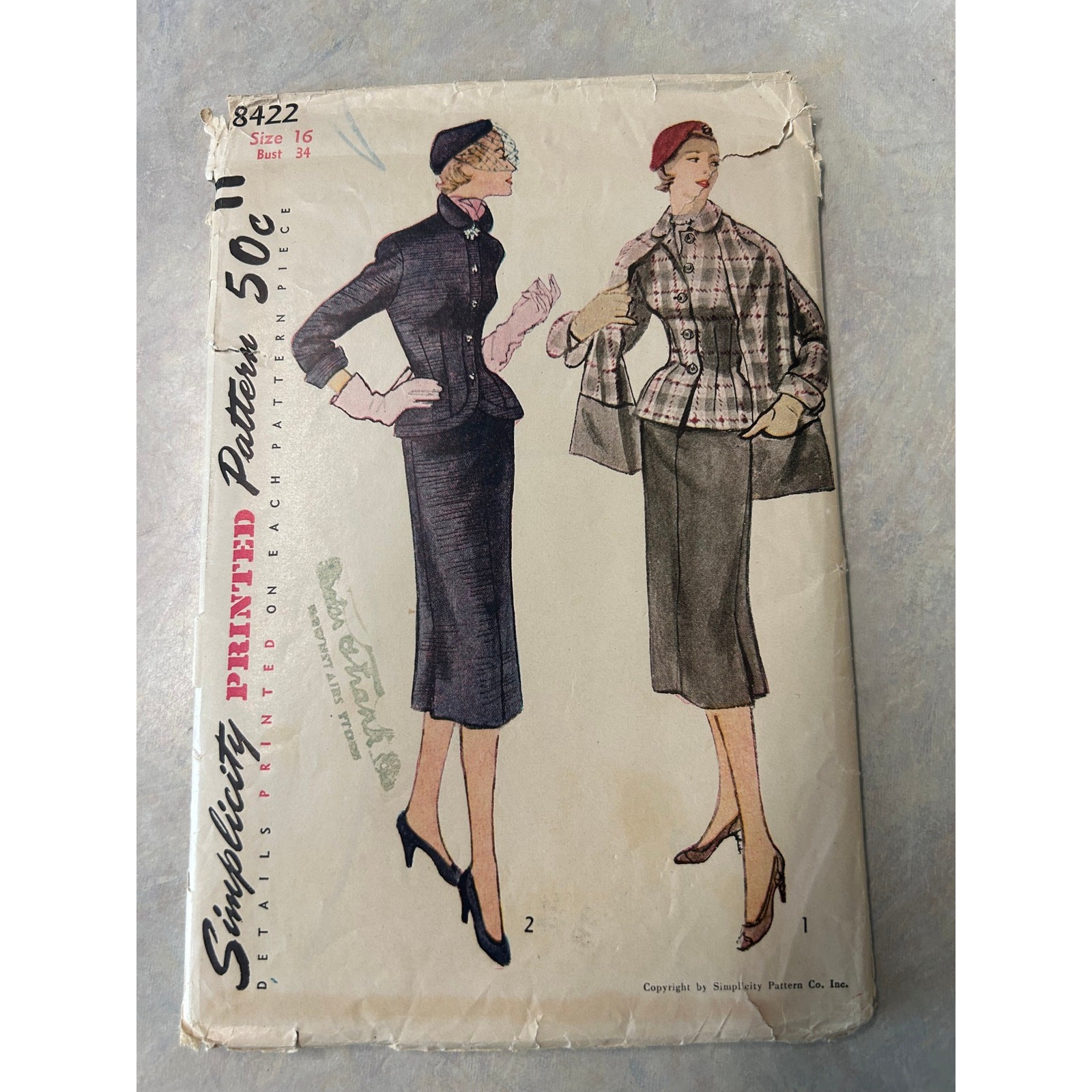 Vintage 40\'s-50\'s Simplicity Pattern #8422 Women\'s Two-Piece Suit Size 16 HTF