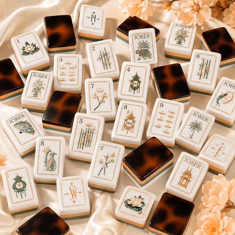 Luxury Tortoiseshell  American Mahjong Tiles with White Lotus Pattern
