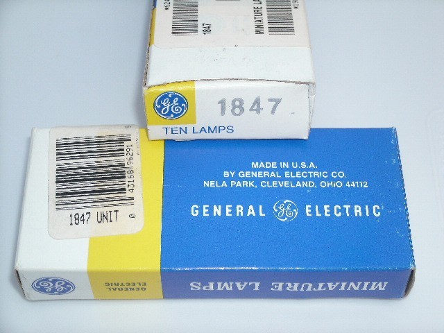 GE NOS #1847 bulb, brass bases, longlife version of #47 lamps, box of 10 GE NOS #1847 bulb, brass bases, longlife version of #47 lamps, box of 10