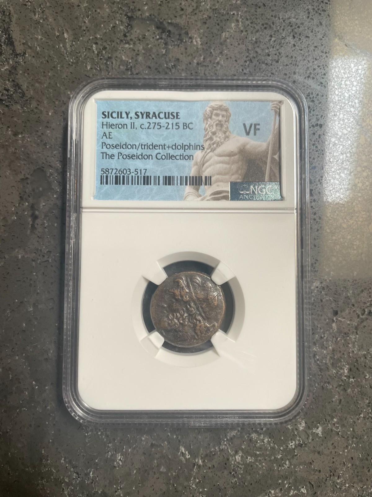 Sicily, Syracuse 275-215 BC AE Hieron II NGC VF Poseidon, Trident & Dolphins