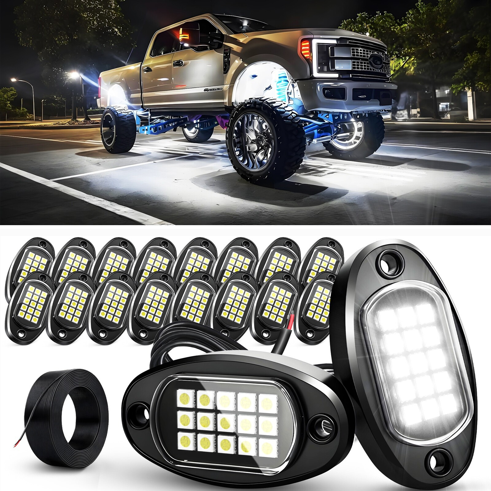 16 Pods LED Rock Lights for Trucks Underglow Wheel Well Light 6000K Pure White