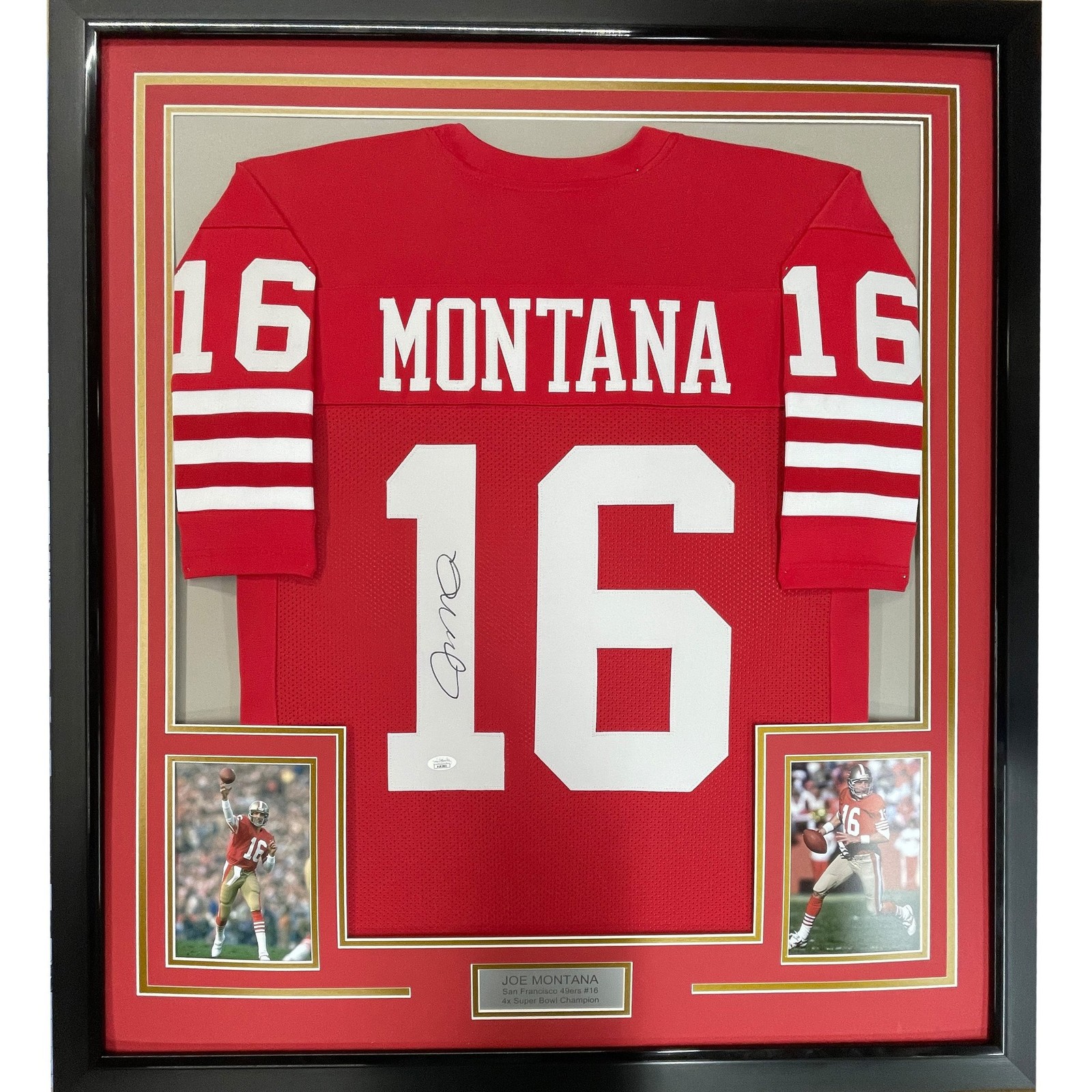 FRAMED Signed JOE MONTANA 35x39 San Francisco Red Jersey JSA COA