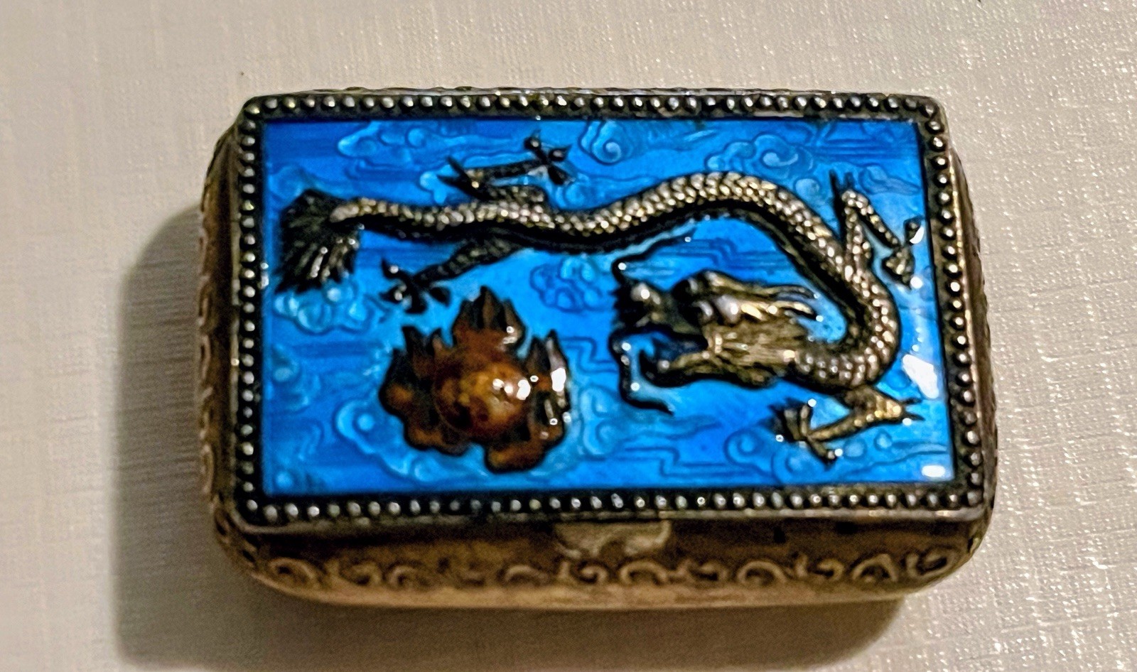 Vintage Enamel Dragon Trinket Box, Chinese  Pill Box Enamel Inside 1.5 X 1 Inch