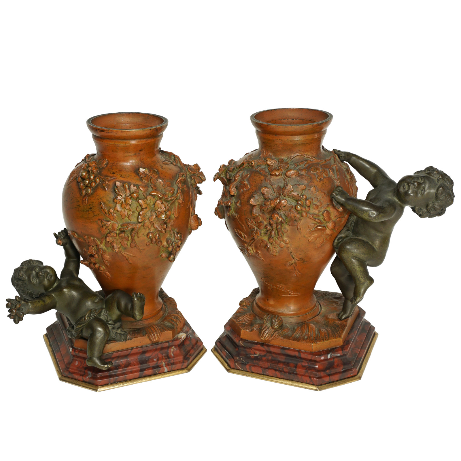 Pair Antique French Bronze & Marble Vases, Signed Auguste Moreau, Putti Figures