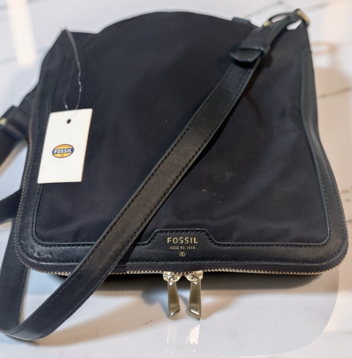 Fossil Preston Expandable Crossbody Bag in Black Nylon & Leather NWT
