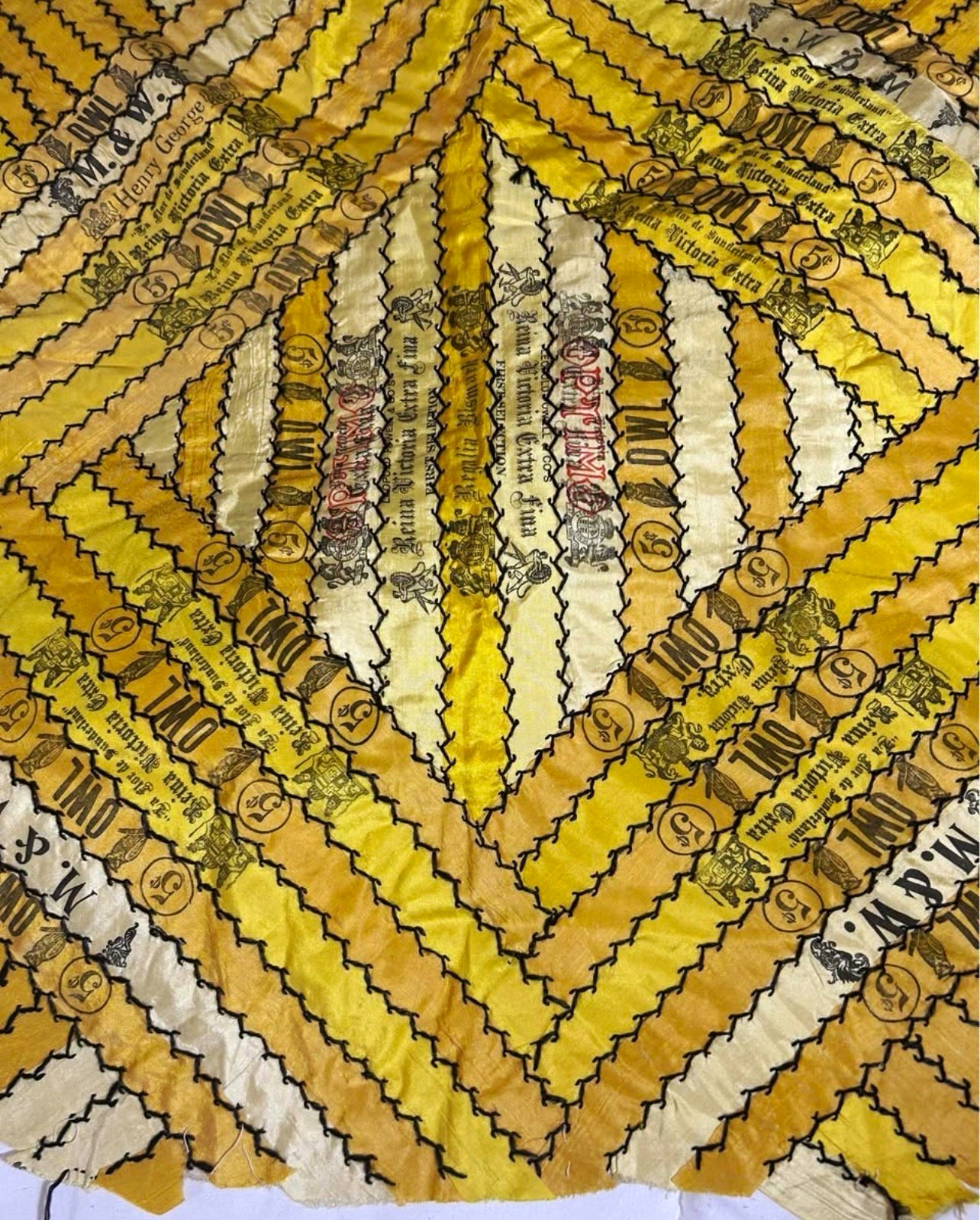 Henry George Cigars Tobacco Silk Patchwork Quilt/Blanket 5¢ Vintage Yellow