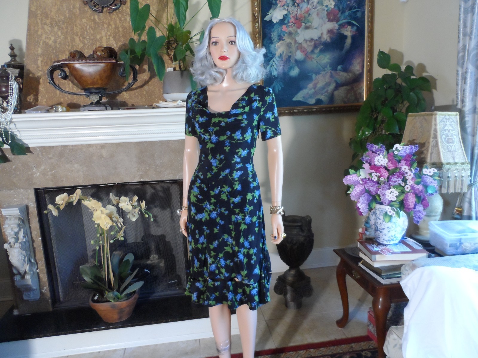 New Altuzarra Black Blue & Green Floral Silk Midi Dress Size FR 34 US 2