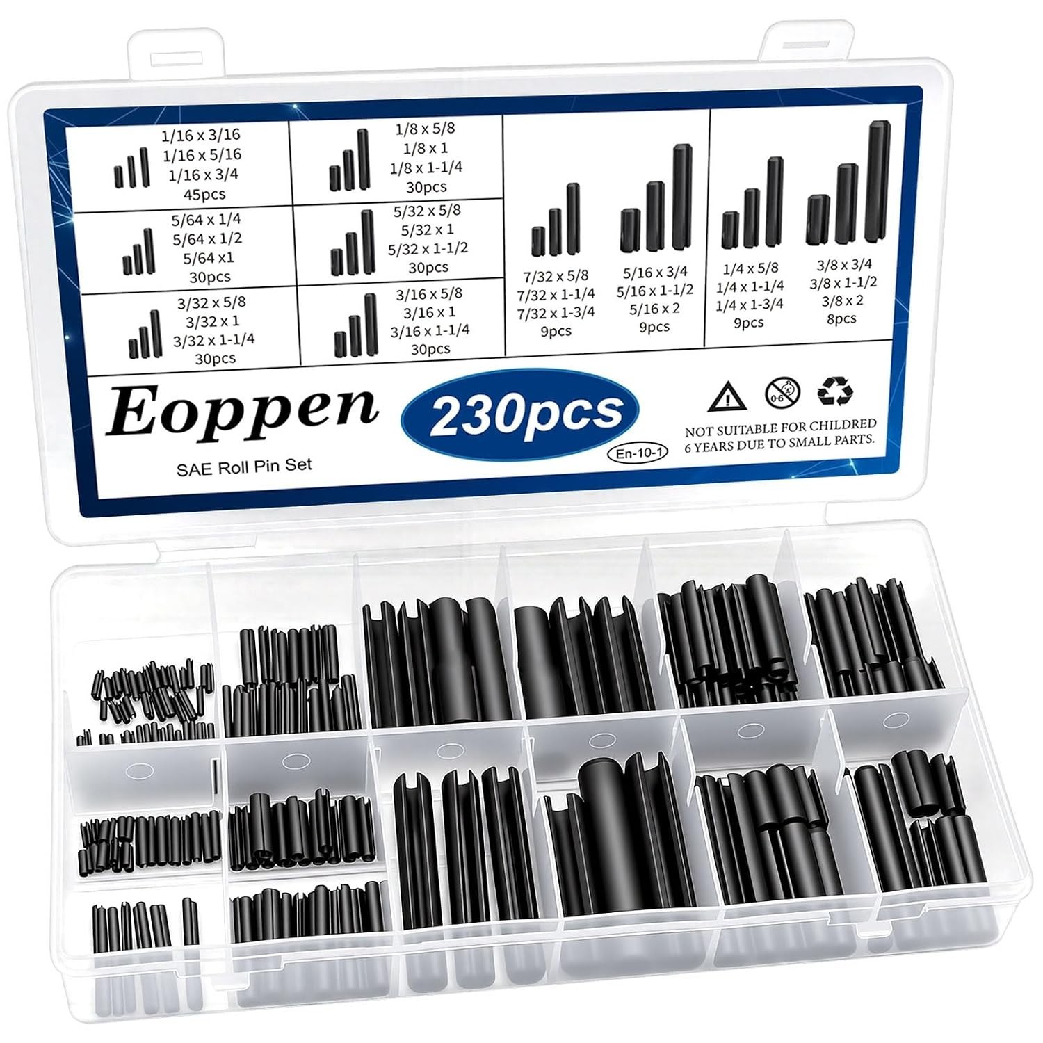230 Pcs SAE Roll Pin Assortment Set Steel Slotted Spring Pins 10 Sizes